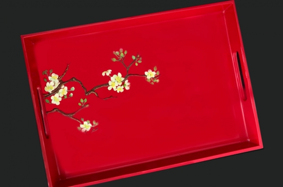Rectangle red lacquer tray with hand painted apricot blossom 25x35 cm